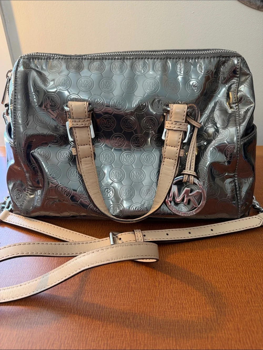 Michael Kors Metallic Silver Satchel with Cream Handles